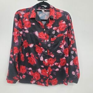 ◇ Victoria's Secret Black and Red Satin Long-sleeve Floral Sleep Shirt Size XS